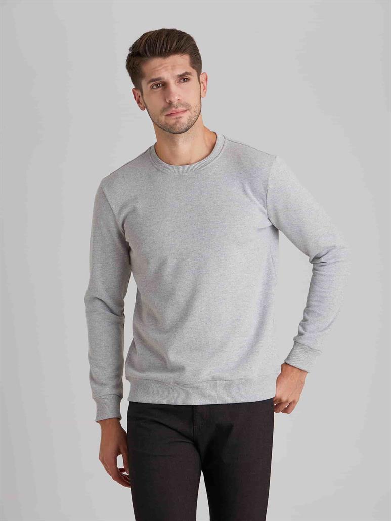 Açık Gri Erkek Regular Fit Düz Casual Yuvarlak Yaka Sweatshirt 