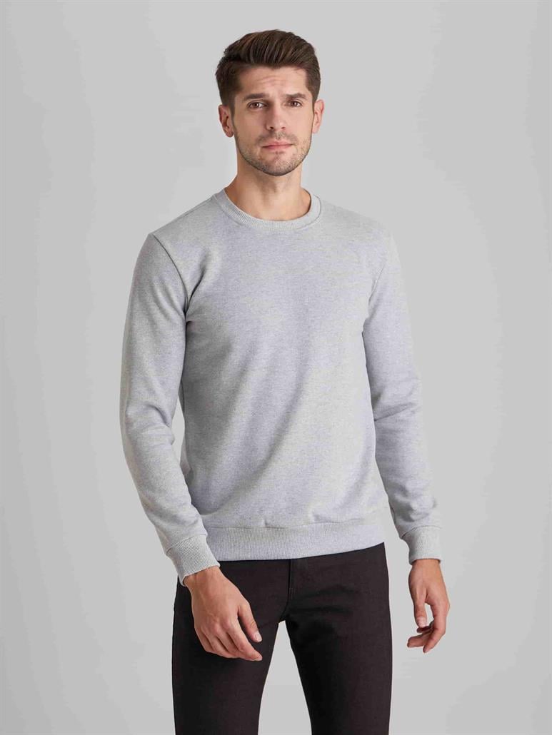 Açık Gri Erkek Regular Fit Düz Casual Yuvarlak Yaka Sweatshirt 