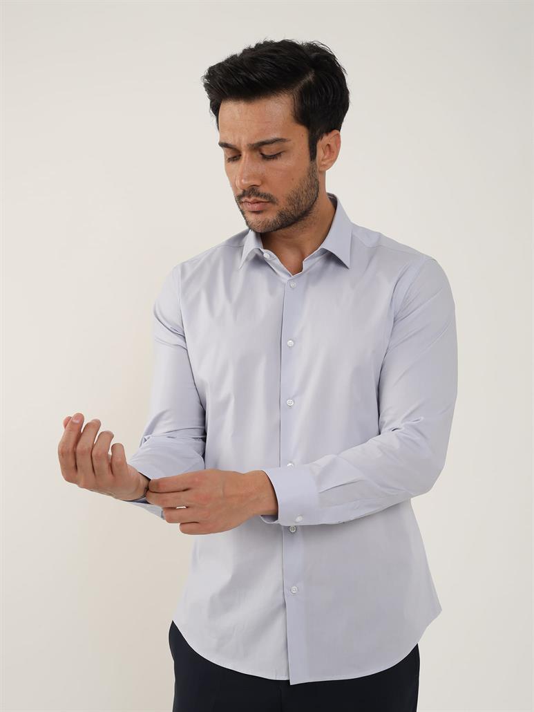 Açık Gri Erkek Slim Fit Düz Klasik Yaka Uzun Kol Gömlek 