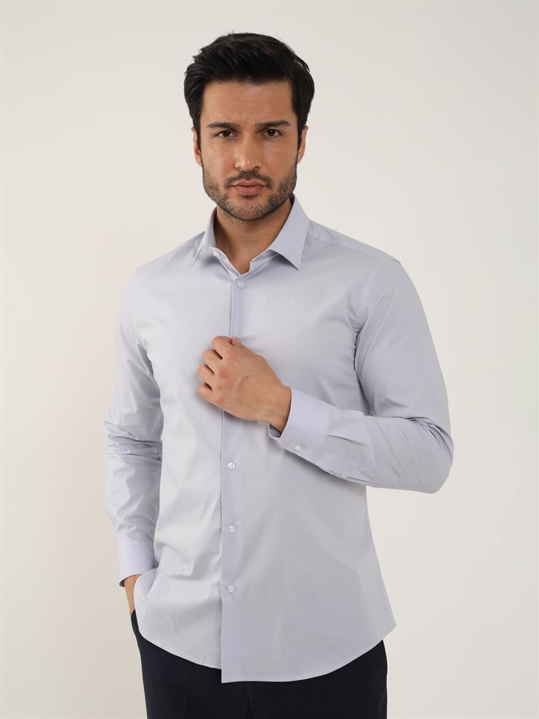 Açık Gri Erkek Slim Fit Düz Klasik Yaka Uzun Kol Gömlek 
