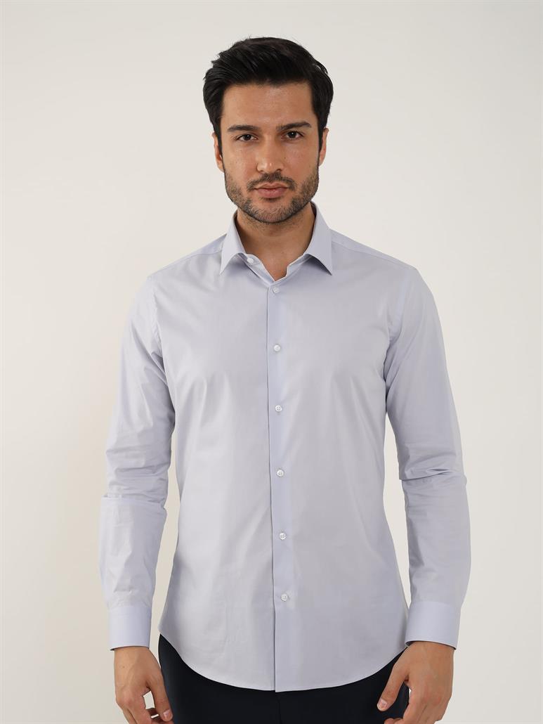 Açık Gri Erkek Slim Fit Düz Klasik Yaka Uzun Kol Gömlek 