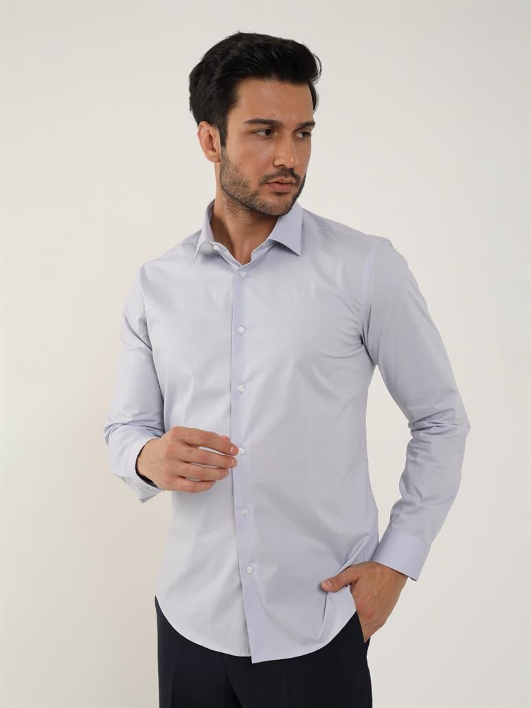 Açık Gri Erkek Slim Fit Düz Klasik Yaka Uzun Kol Gömlek 