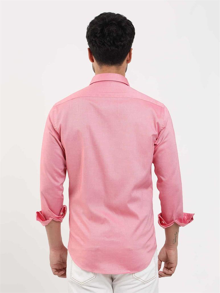 Açık Kırmızı Erkek Slim Fit Düz Brent Düğmeli Yaka Uzun Kol Gömlek 