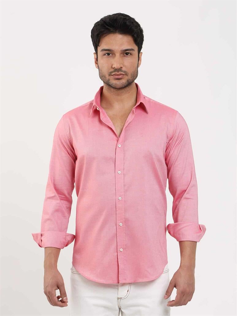 Açık Kırmızı Erkek Slim Fit Düz Brent Düğmeli Yaka Uzun Kol Gömlek 
