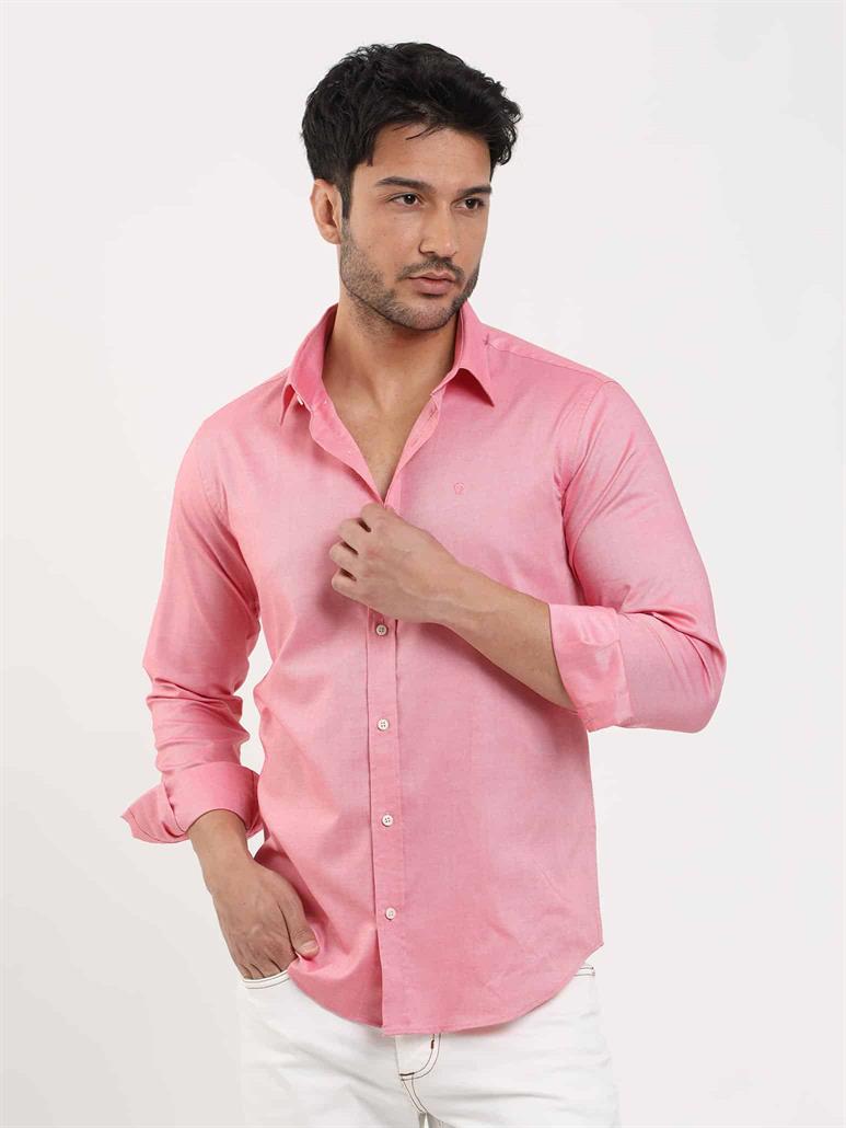 Açık Kırmızı Erkek Slim Fit Düz Brent Düğmeli Yaka Uzun Kol Gömlek 