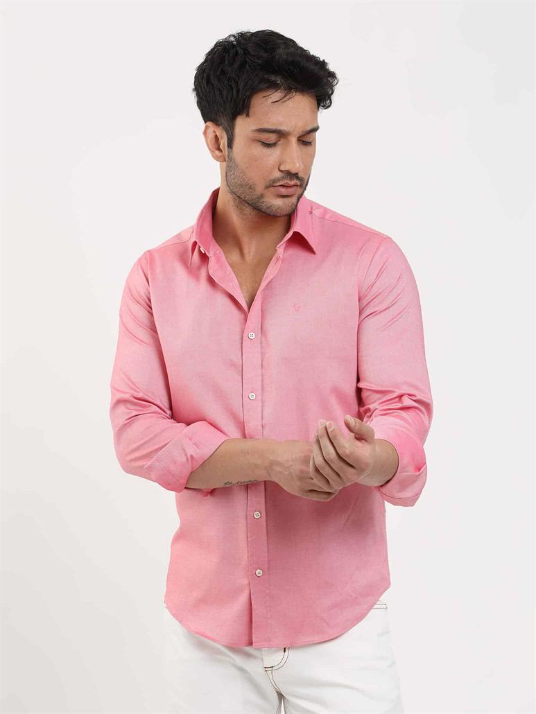 Açık Kırmızı Erkek Slim Fit Düz Brent Düğmeli Yaka Uzun Kol Gömlek 