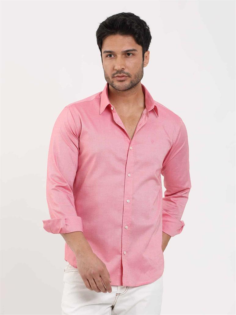 Açık Kırmızı Erkek Slim Fit Düz Brent Düğmeli Yaka Uzun Kol Gömlek 