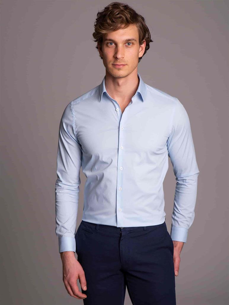 Açık Mavi Erkek Ekstra Slim Fit Düz Klasik Yaka Uzun Kol Gömlek 