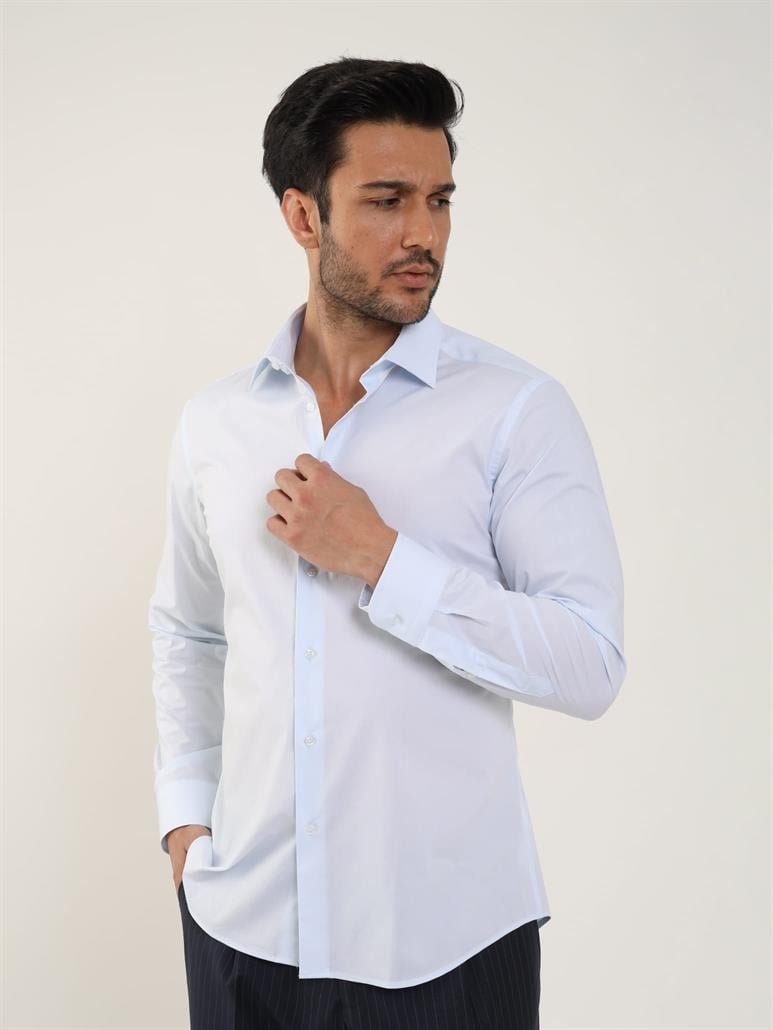 Açık Mavi Erkek Slim Fit Düz Klasik Yaka Uzun Kol Gömlek 