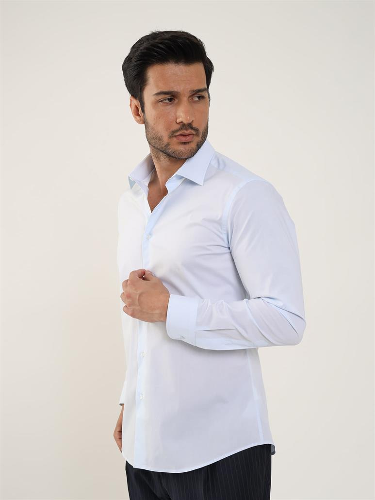Açık Mavi Erkek Slim Fit Düz Klasik Yaka Uzun Kol Gömlek 