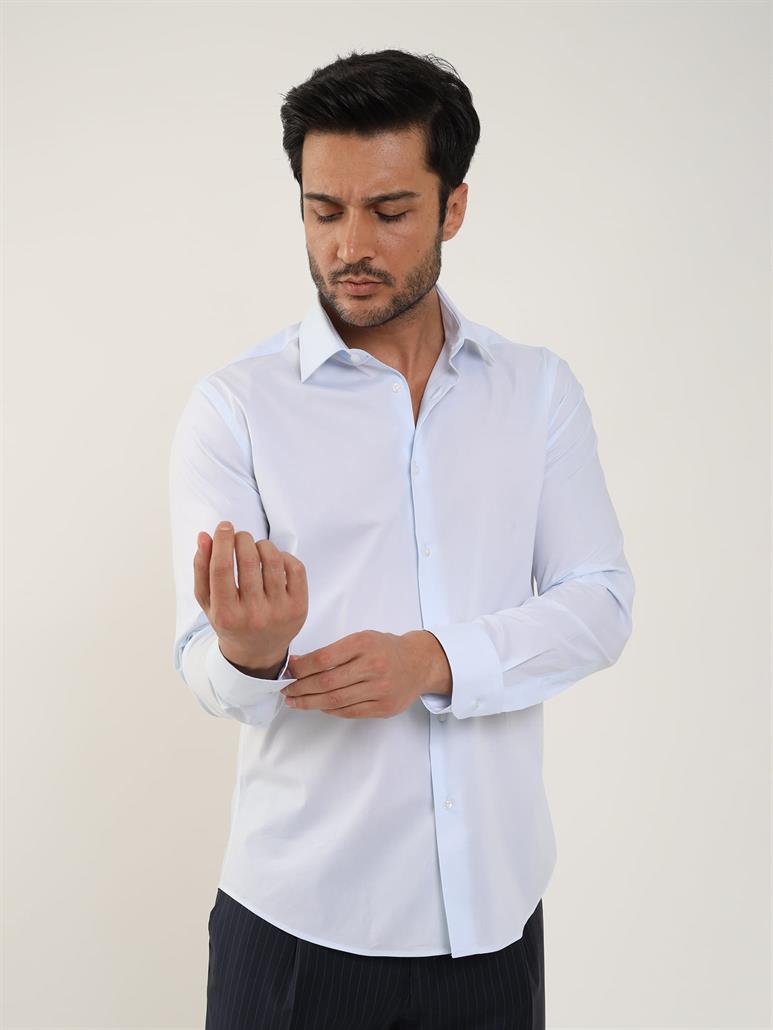Açık Mavi Erkek Slim Fit Düz Klasik Yaka Uzun Kol Gömlek 
