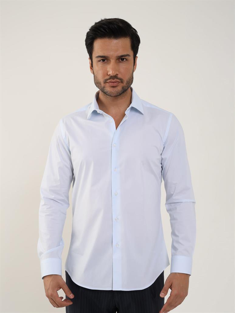 Açık Mavi Erkek Slim Fit Düz Klasik Yaka Uzun Kol Gömlek 