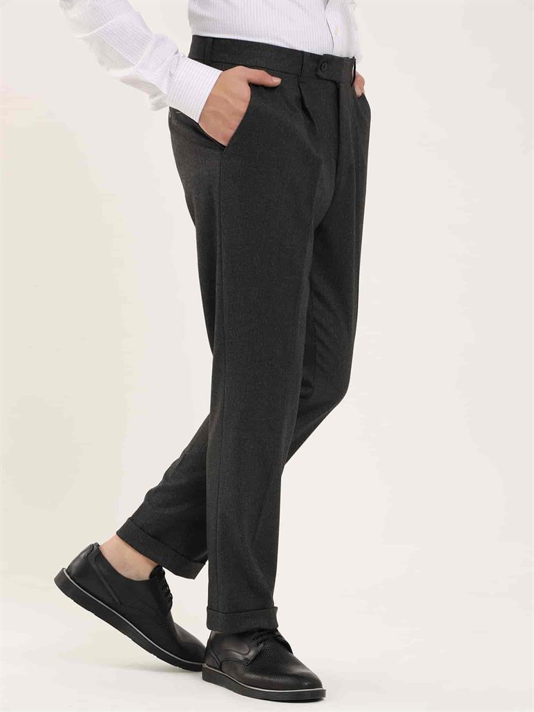 Antrasit Erkek Slim Fit Balıksırtı Desenli Klasik Pantolon 
