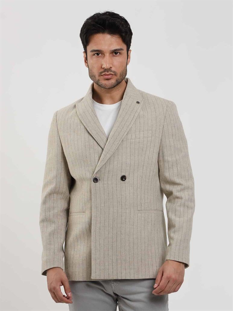 Bej Erkek Regular Fit Çizgili Klasik Sivri Yaka Ceket 