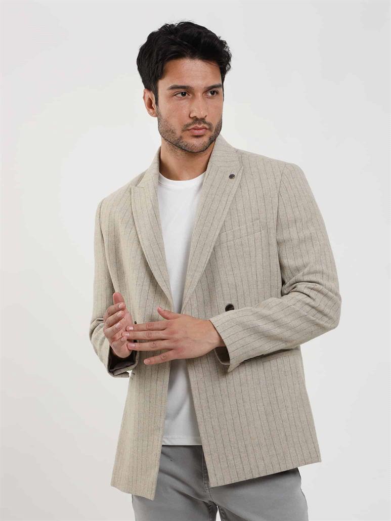 Bej Erkek Regular Fit Çizgili Klasik Sivri Yaka Ceket 