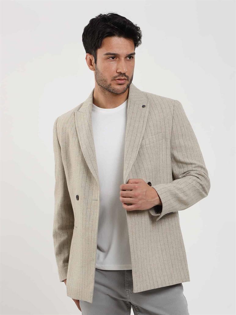 Bej Erkek Regular Fit Çizgili Klasik Sivri Yaka Ceket 