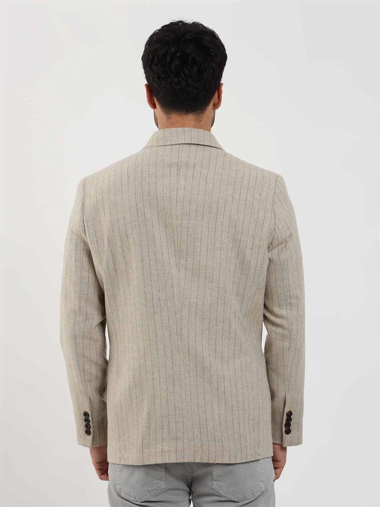 Bej Erkek Regular Fit Çizgili Klasik Sivri Yaka Ceket 