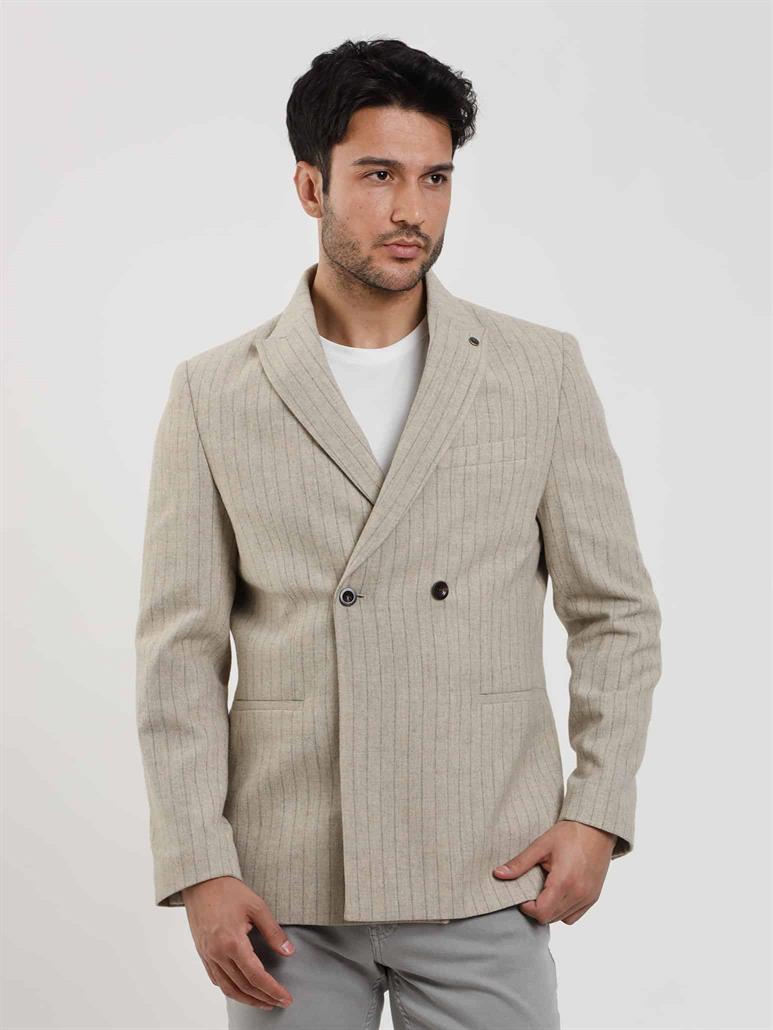 Bej Erkek Regular Fit Çizgili Klasik Sivri Yaka Ceket 