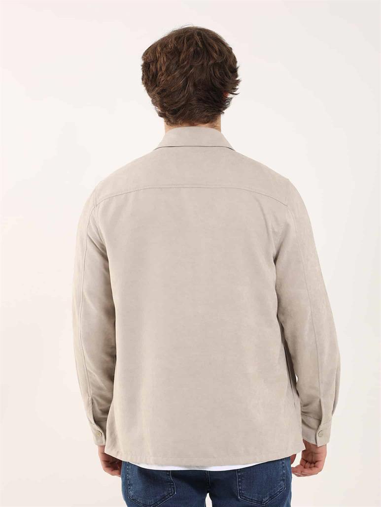 Bej Erkek Regular Fit Düz Brent Yaka Uzun Kol Gömlek 