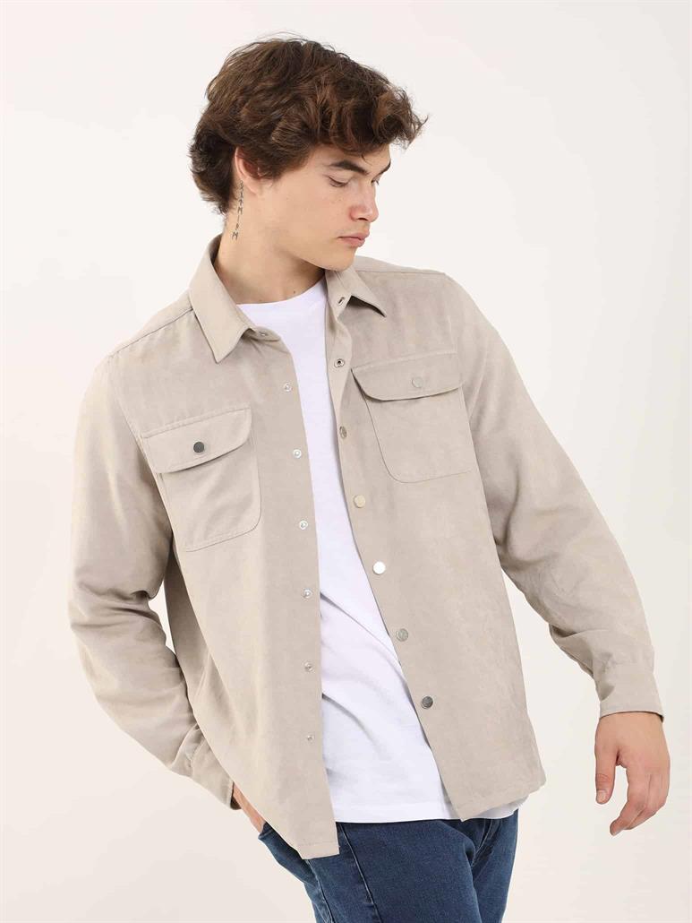 Bej Erkek Regular Fit Düz Brent Yaka Uzun Kol Gömlek 
