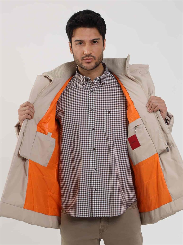 Bej Erkek Regular Fit Düz Kapüşonlu Şişme Mont 