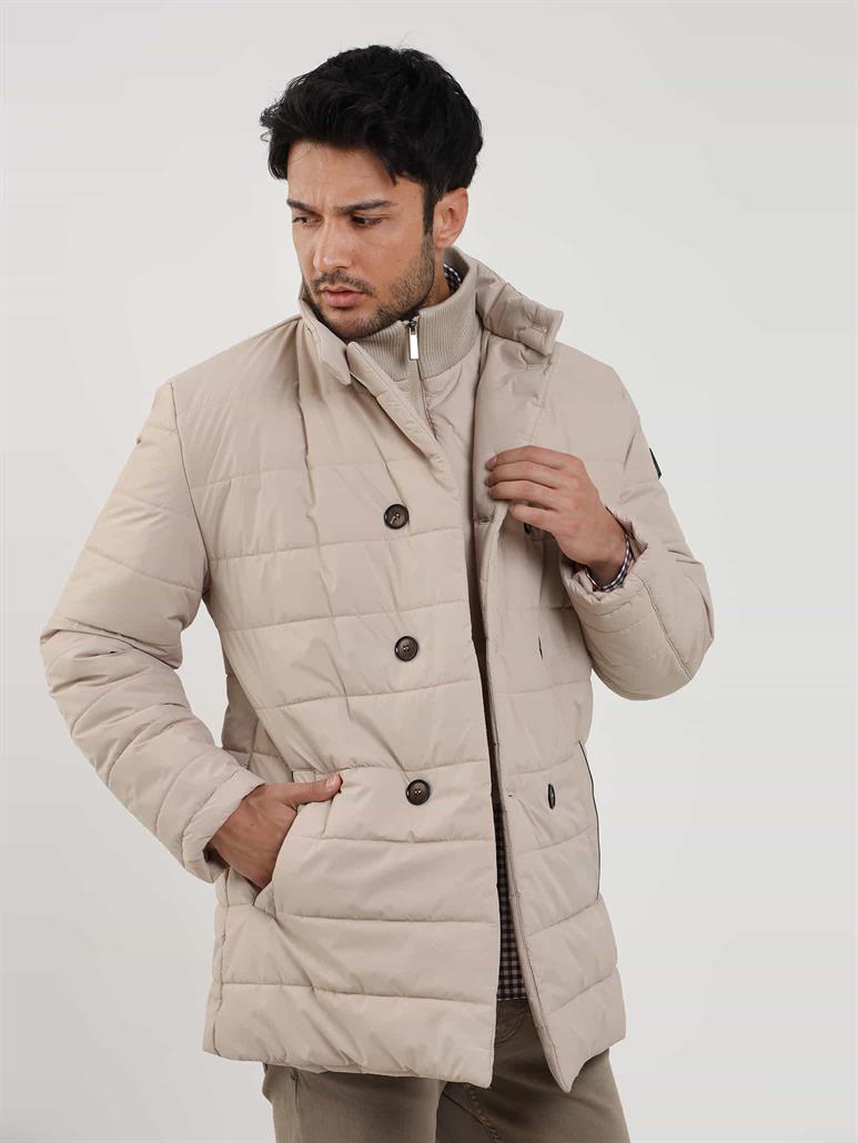 Bej Erkek Regular Fit Düz Kapüşonlu Şişme Mont 