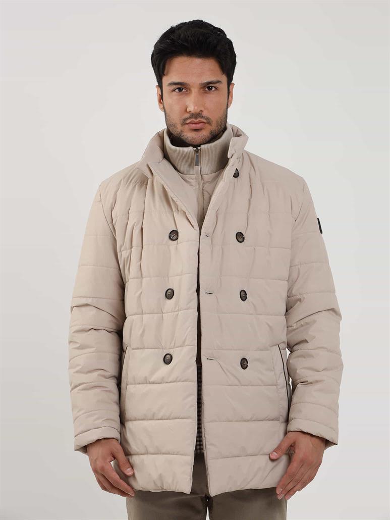 Bej Erkek Regular Fit Düz Kapüşonlu Şişme Mont 