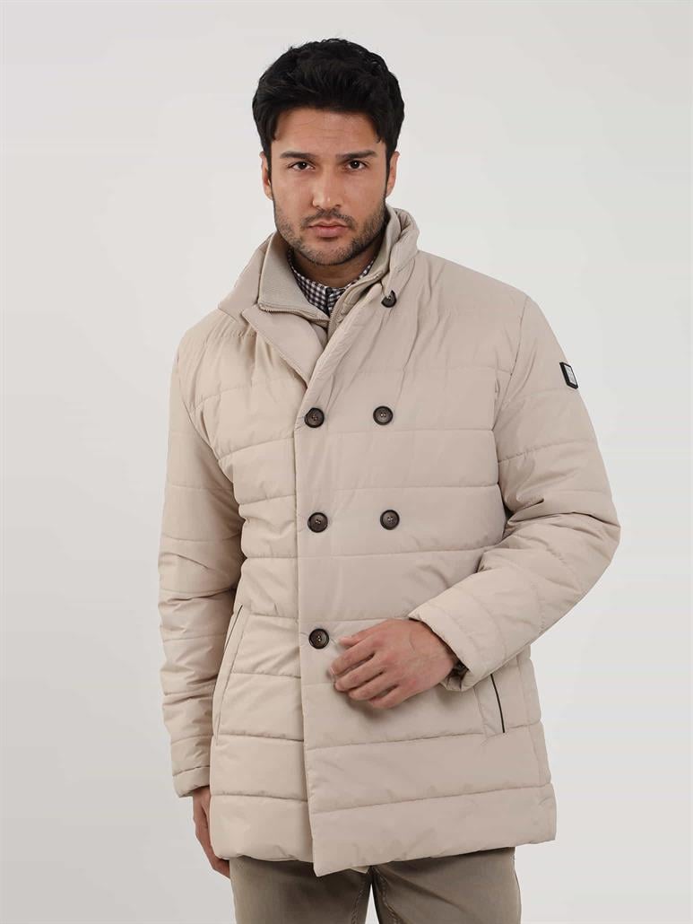 Bej Erkek Regular Fit Düz Kapüşonlu Şişme Mont 