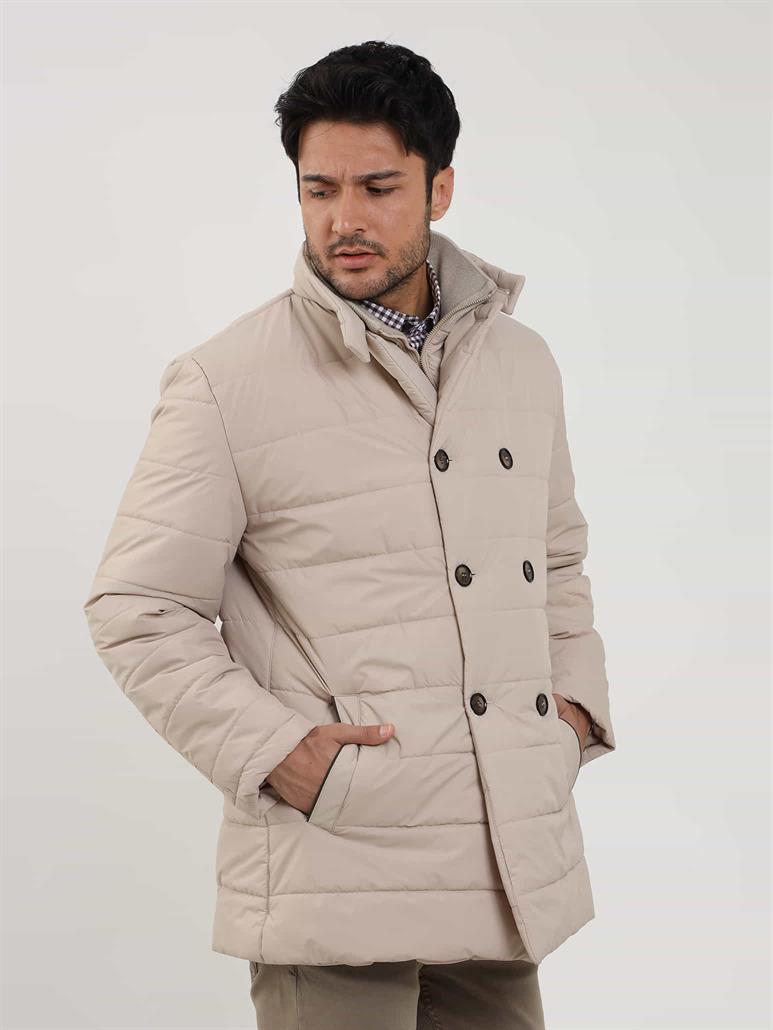 Bej Erkek Regular Fit Düz Kapüşonlu Şişme Mont 