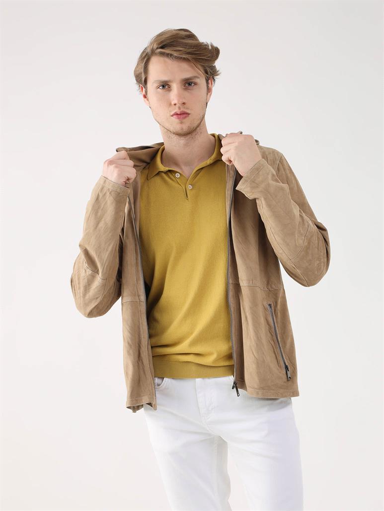 Bej Erkek Regular Fit Düz Kapüşonlu Mont 