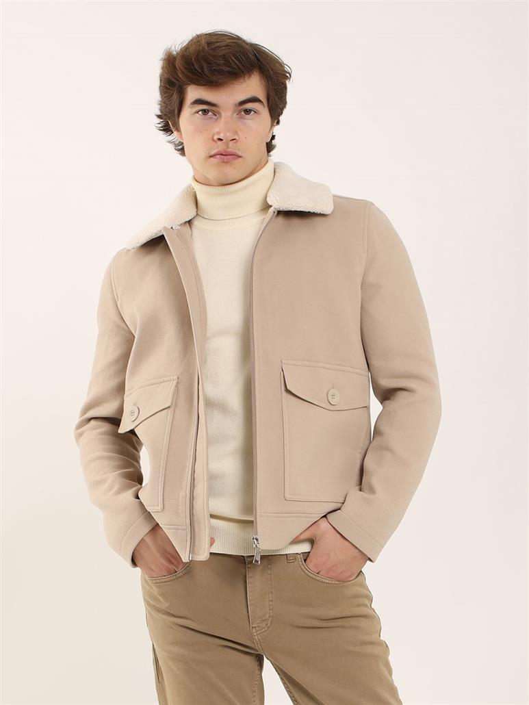 Dufy Bej Erkek Regular Fit Düz Klasik Kürklü Yaka Kaban 