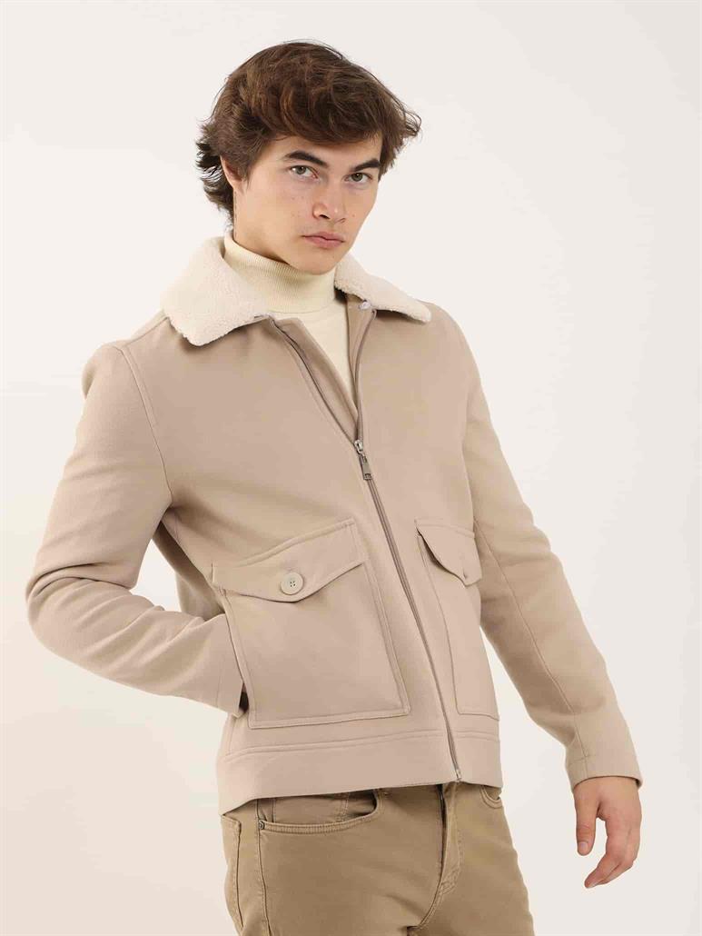 Dufy Bej Erkek Regular Fit Düz Klasik Kürklü Yaka Kaban 