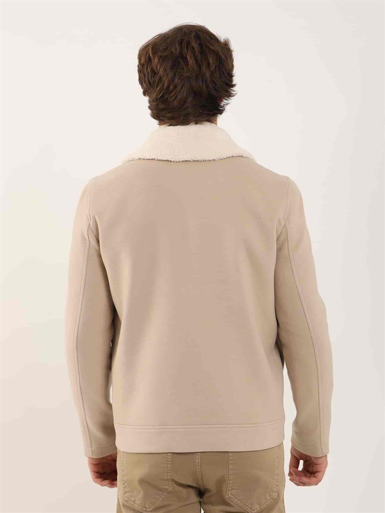 Dufy Bej Erkek Regular Fit Düz Klasik Kürklü Yaka Kaban 