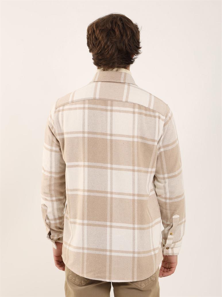 Bej Erkek Regular Fit Ekose Desenli Brent Yaka Uzun Kol Gömlek 