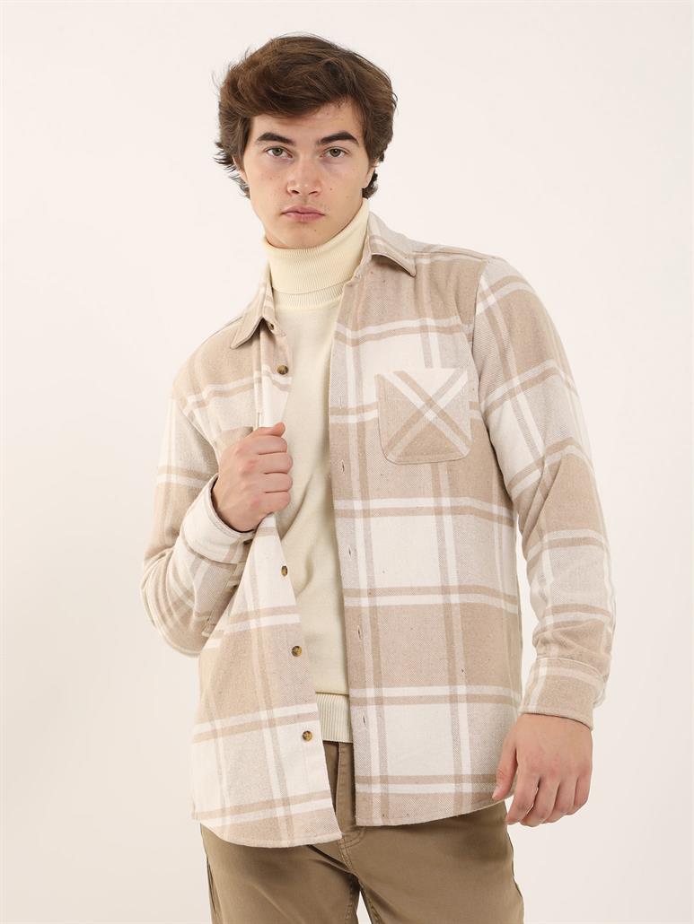 Bej Erkek Regular Fit Ekose Desenli Brent Yaka Uzun Kol Gömlek 