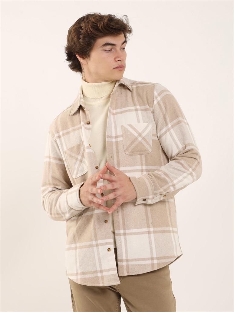 Bej Erkek Regular Fit Ekose Desenli Brent Yaka Uzun Kol Gömlek 