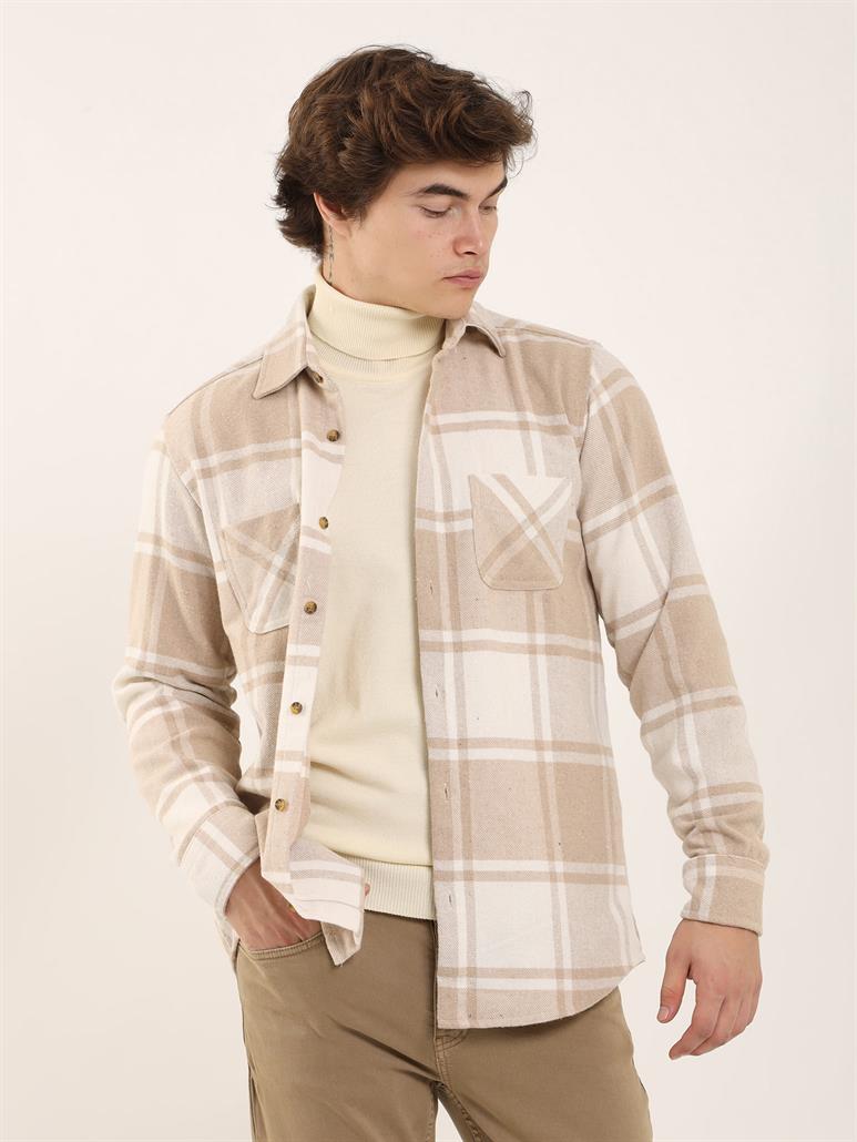 Bej Erkek Regular Fit Ekose Desenli Brent Yaka Uzun Kol Gömlek 