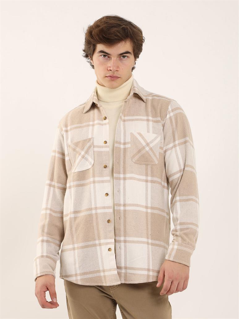 Bej Erkek Regular Fit Ekose Desenli Brent Yaka Uzun Kol Gömlek 