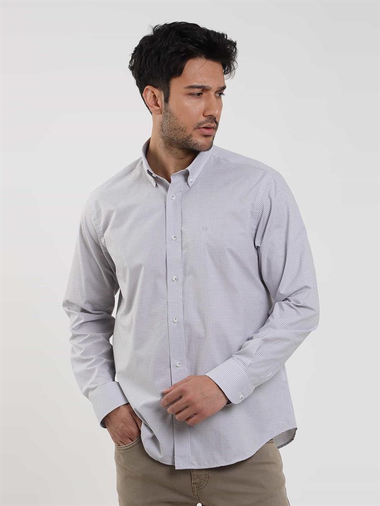 Bej Erkek Regular Fit Pitikare Desenli Düğmeli Yaka Uzun Kol Gömlek 