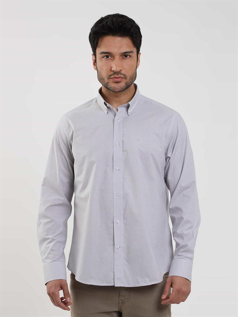 Bej Erkek Regular Fit Pitikare Desenli Düğmeli Yaka Uzun Kol Gömlek 