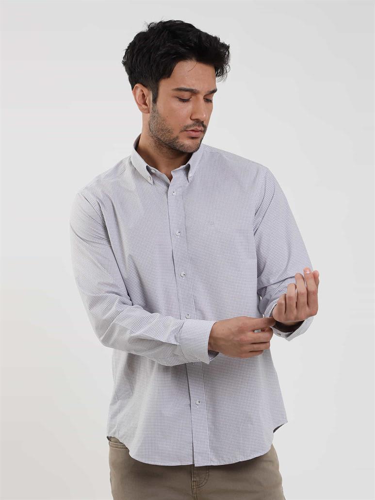 Bej Erkek Regular Fit Pitikare Desenli Düğmeli Yaka Uzun Kol Gömlek 