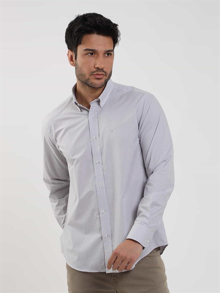 Bej Erkek Regular Fit Pitikare Desenli Düğmeli Yaka Uzun Kol Gömlek 