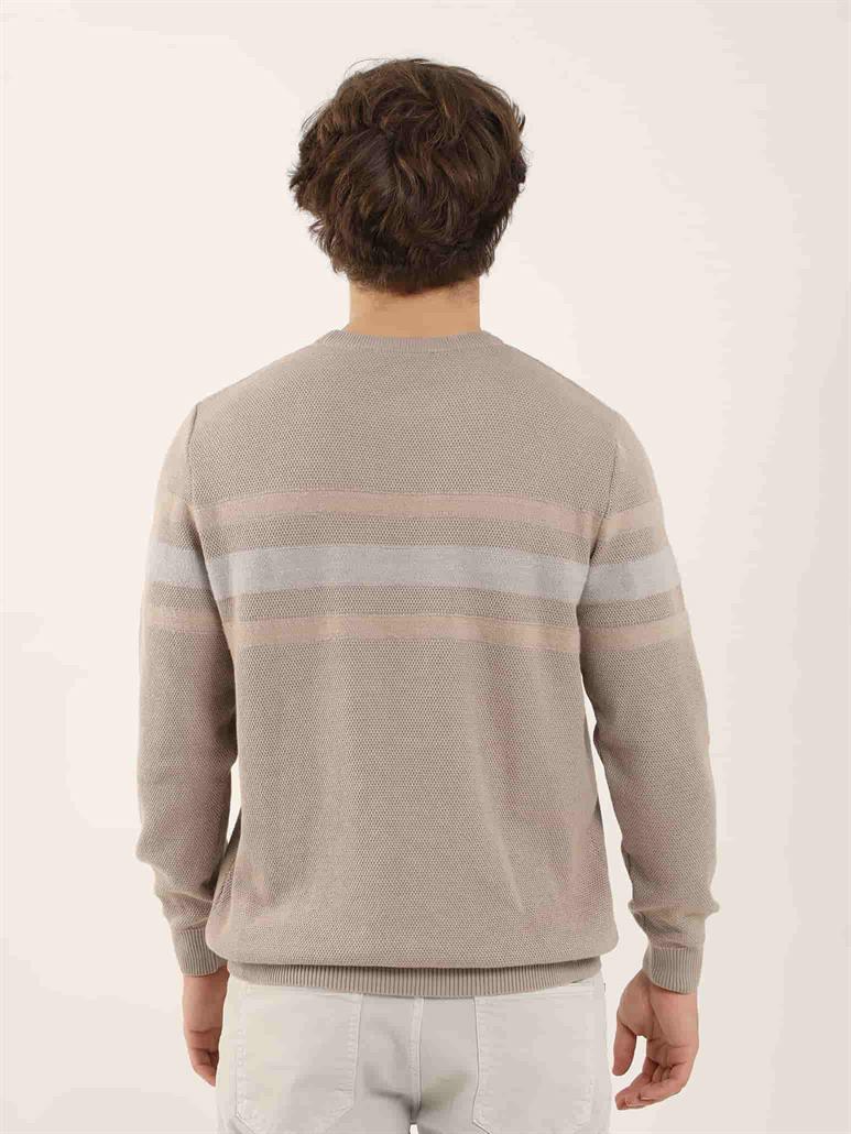 Bej Erkek Slim Fit Çizgili Bisiklet Yaka Triko 