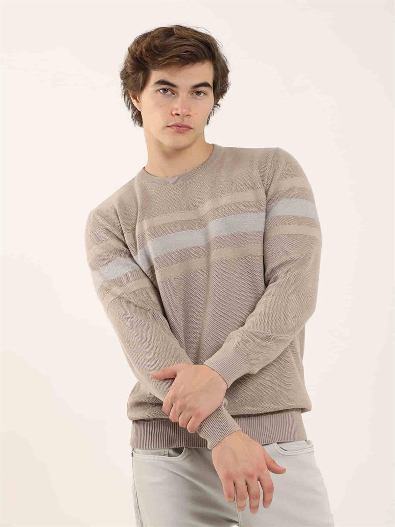 Bej Erkek Slim Fit Çizgili Bisiklet Yaka Triko 