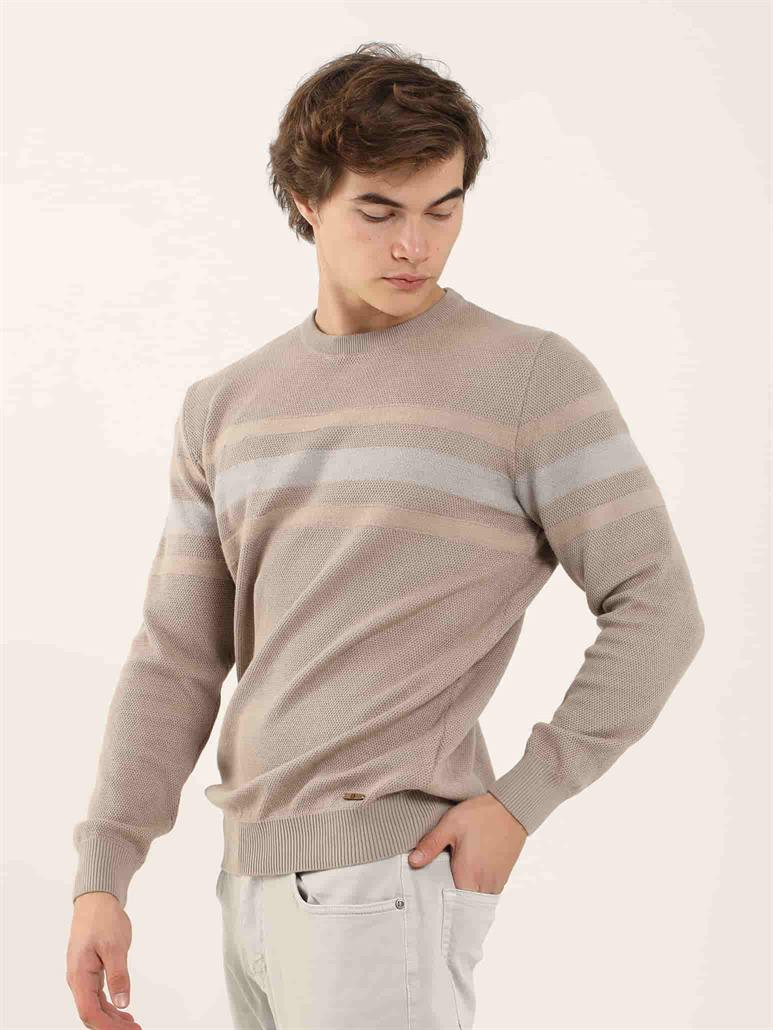 Bej Erkek Slim Fit Çizgili Bisiklet Yaka Triko 