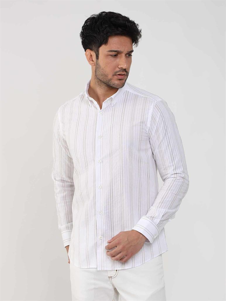 Bej Erkek Slim Fit Çizgili Düğmeli Yaka Uzun Kol Gömlek 