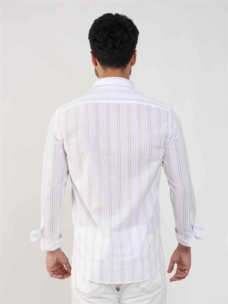Bej Erkek Slim Fit Çizgili Düğmeli Yaka Uzun Kol Gömlek 