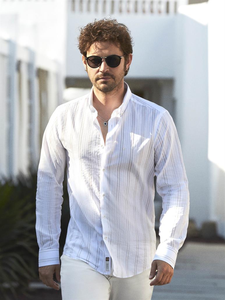 Bej Erkek Slim Fit Çizgili Düğmeli Yaka Uzun Kol Gömlek 