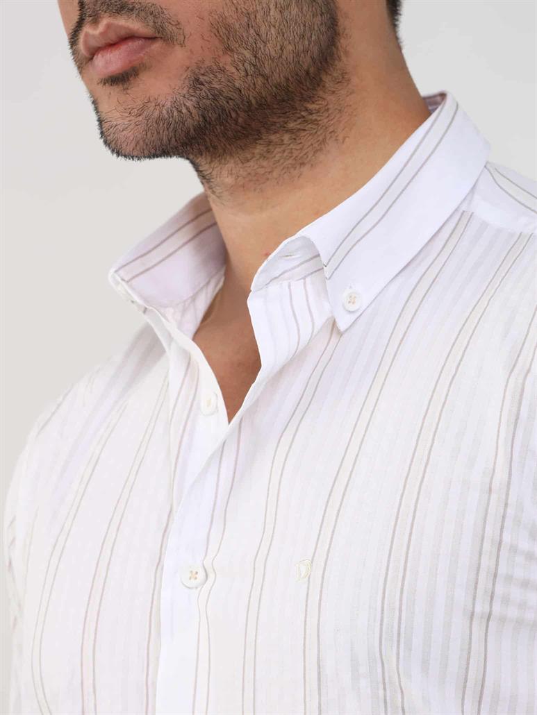 Bej Erkek Slim Fit Çizgili Düğmeli Yaka Uzun Kol Gömlek 