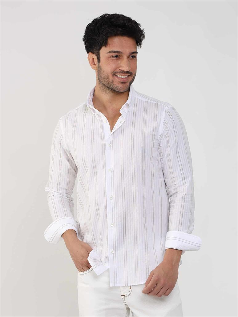 Bej Erkek Slim Fit Çizgili Düğmeli Yaka Uzun Kol Gömlek 